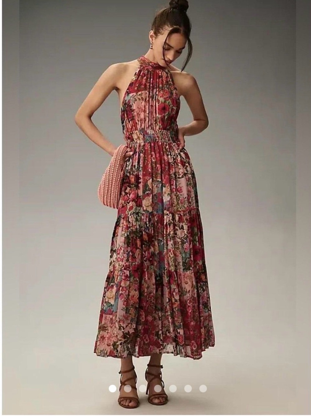 Anthropologie Rose Pink Floral Halter Maxi Dress
